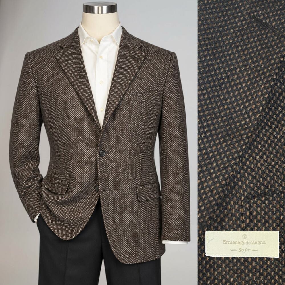 Zegna Wool Cashmere Sport Coat 44-46R Brown Black Textured Birdseye 3/2 Roll